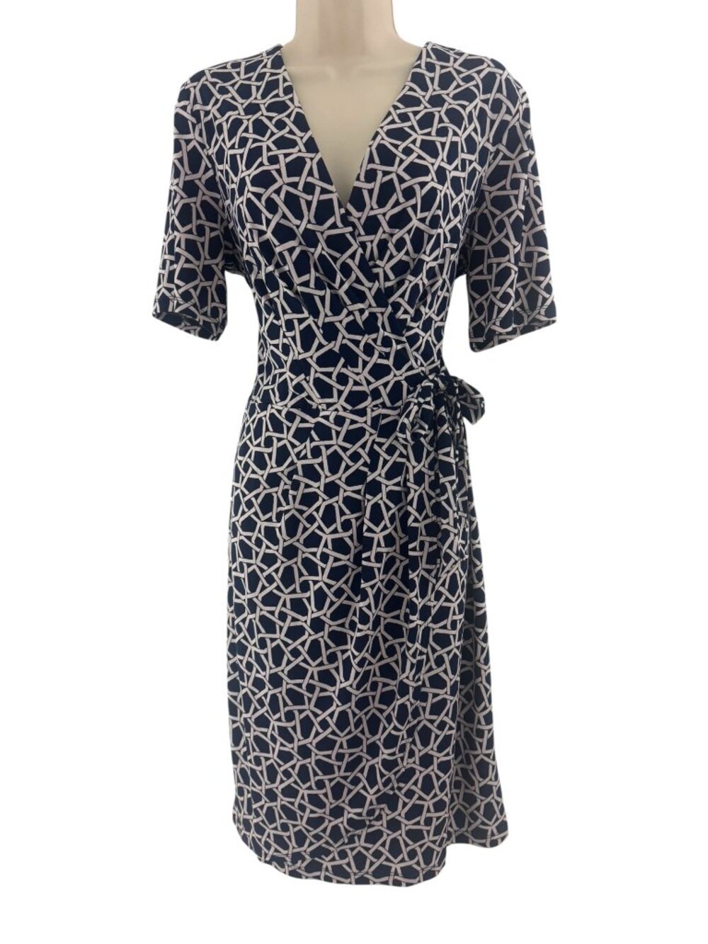 Liz Claiborne Blue White Geometric Print Short Sleeve Side-Tie Dress Size 12